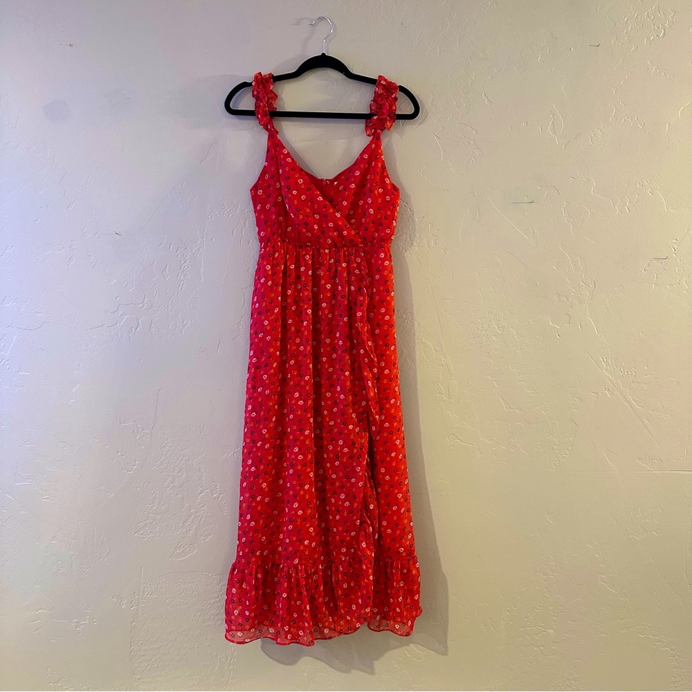 Madewell Ruffle-Strap Wrap Dress Metallic Striped Prairie Posies Red - Picture 2 of 14